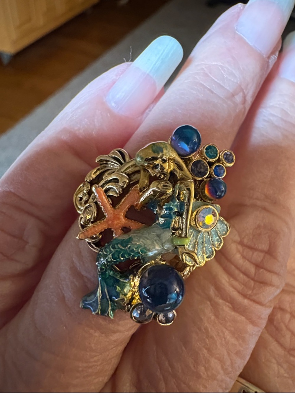 Gold-Tone Mermaid Cocktail Ring with Blue and Teal Accents